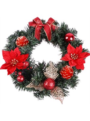 Trade Bazaar 30 cm Kırmızı Altın Noel Kapı Çelengi | Çam Kozalı ve Poinsettia Çiçekli Şömine & Duvar Dekoru
