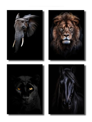 Rosa Art Çerçevesiz Poster,4'lü Hayvan Posterleri Aslan,panter,fil,at Dijital Baskı Karanlık Temalı Hayvanposteri
