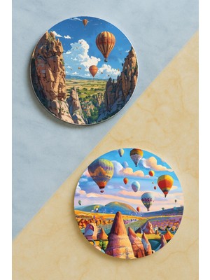 Nurdic Ev Dekor Oval Pleksi Bardak Altlığı Temalı Desenli 2 Adet Set Kapadokya