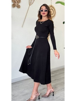 Şamdan Kemer Detaylı Uzun Kollu Triko Elbise