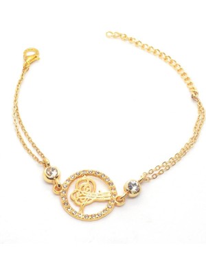 Altın Renk Taşlı Tuğra Figürlü Çift Zincirli Bileklik