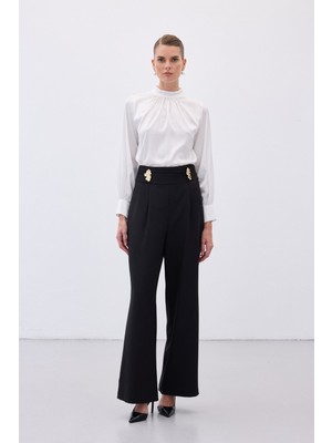 Sateen Bel Aksesuarlı Pantolon - Siyah