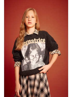DeFacto Oversize Geniş Kalıp Bisiklet Yaka Baskılı Sweatshirt Kız Çocuk G3270A825WN