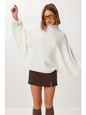 Happiness İstanbul Yarasa Kol Balıkçı Yaka Triko Kazak LMT0049 Kemik