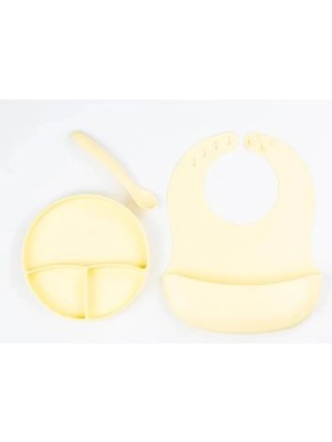 Aspata Store Sarı 3’lü Silikon Yemek Seti – Önlük + Diş Kaşıyıcılı Kaşık + Vakumlu Tabak