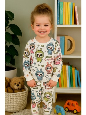 Arya Nisa Kids Kız Çocuk Labubu Karakter Baskılı %100 Pamuk Mevsimlik Pijama Takımı