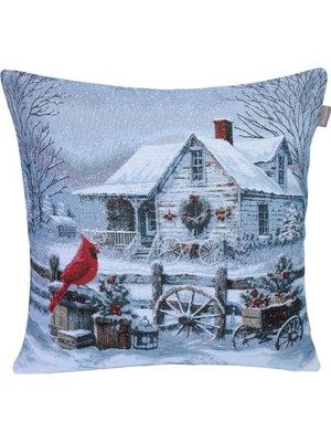 BELIEVE KIRMIZI KUŞLU KIŞ MANZARASI JAKARLI DOKUMA GOBLEN DEKORATİF YILBAŞI 45*45 KIRLENT