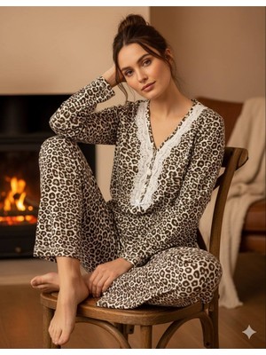 İnspira Lingerie Leopar ve Çiçek Desenli Pamuklu Penye Kumaş Pijama Takımı