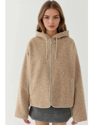 Hiccup Kadın Dokulu Fermuarlı Rahat Kesim Kapüşonlu Ceket Açık Gri