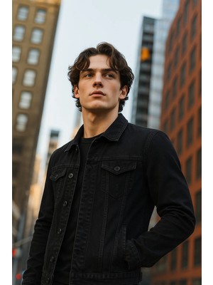 Damga Erkek Polo Yakalı Premium Siyah Kot Ceket