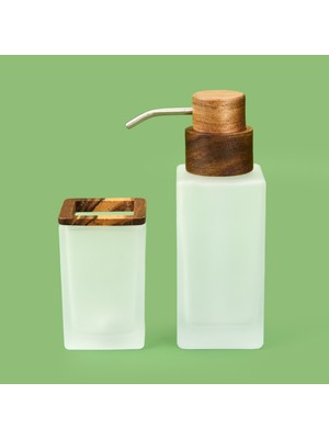 Evidea Bath Ahşap Detaylı 2'li Banyo Sıvı Sabunluk Seti - Beyaz / Kahverengi