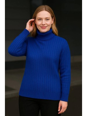 Mareandpanda Balıkcı Yaka Bağazlı Triko Kazak Pamuklu Kalın Fitilli Dokuma - Saks Mavisi