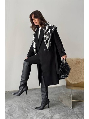 Neşeli Butik Kadın Kuşak Detaylı Uzun Kol Astarlı Kaşe Kaban Polyester Siyah