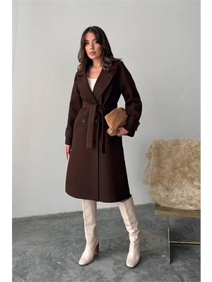 Neşeli Butik Kadın Kuşak Detaylı Astarlı Kaşe Kaban NBG120