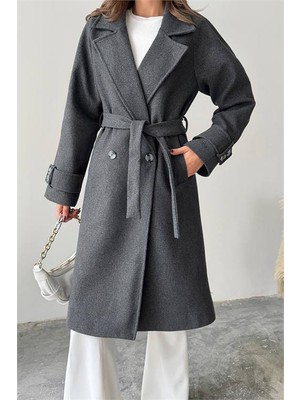 Neşeli Butik Kadın Kuşak Detaylı Astarlı Kaşe Kaban NBG120