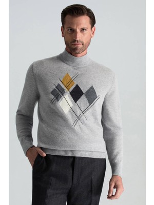 Hemington Lambswool Yün Argyle Desenli Lupetto Yaka Açık Gri Kazak