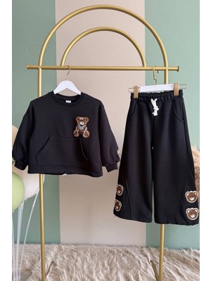 Miniğimin Cicileri Ayıcık Panç Detaylı Kız Çocuk takım - Siyah