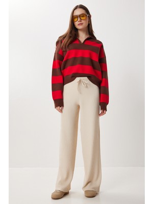 Happiness İstanbul Geniş Paça Krinkıl Örme Pantolon LCI0057 Krem