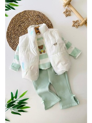 Miniğimin Cicileri Fiyonk Detaylı Şişme Yelekli Ayıcık Desenli Kız Bebek  3 Lü takım- Yesil