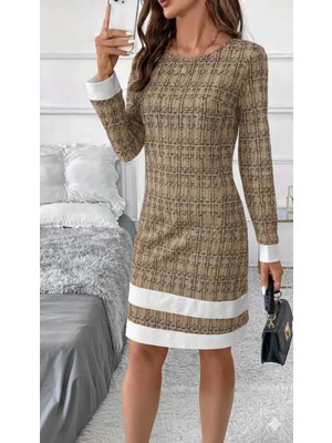 Arona Mdb Kadın Uzun Kollu Yuvarlak Yaka Etek Ucu Şerit Detaylı Mini Dokuma Elbise