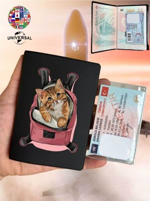 Nurdic Kedi Tatilde Desenli Deri Pasaport Kılıfı Kabı Tüm Ülke Pasaportlarına Uygun