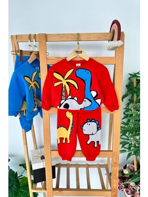 Miniğimin Cicileri Dino Baskılı Renkli Erkek Çocuk 2 Li kışlık takım - Kırmızı
