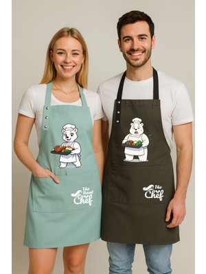 Hulganz Mutfak Önlüğü Seti 2'li Leke Tutmaz Su Itici Kumaş Solmaz Baskı Şef Ayıcık Desenli Çift Önlük