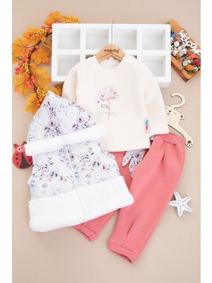 Wogi Kız Bebek Şardonlu Çiçekli Peluş Yelekli Takım 3 Parça 2603G