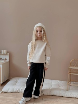 Rapapa Siyah Şeritli 3 Iplik Şardonlu Kız Çocuk Eşofman Takımı - Modern ve Rahat Kışlık Model 5045K