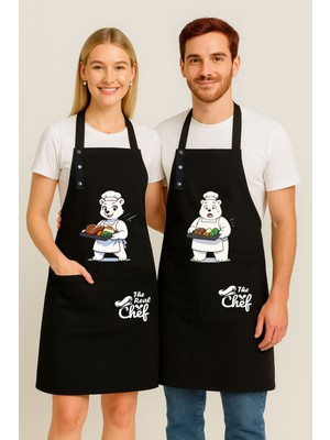 Hulganz Mutfak Önlüğü Seti 2'li Leke Tutmaz Su Itici Kumaş Solmaz Baskı Şef Ayıcık Desenli Çift Önlük