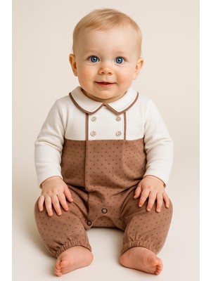 Rapapa Erkek Bebek Kahverengi Desenli Tulum – Gömlek Yaka Şık Pamuklu 124984