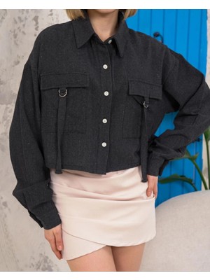 Ronanna Kemer Cepli Keten Crop Gömlek Siyah S255350