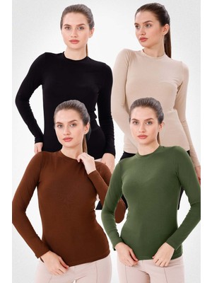 Yade Fashion Uzun Kol Viskon Kumaşlı Bisiklet Yaka Kadın Body 4'lü Set Siyah Kahverengi Ekru Haki