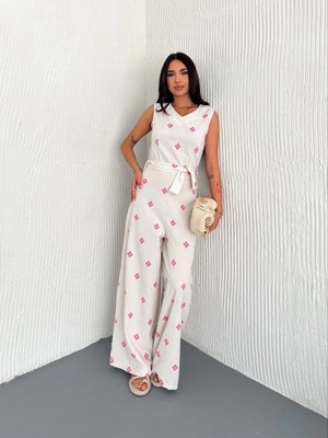 Ronanna Sırt Dekolteli Keten Beyaz Tulum S1036