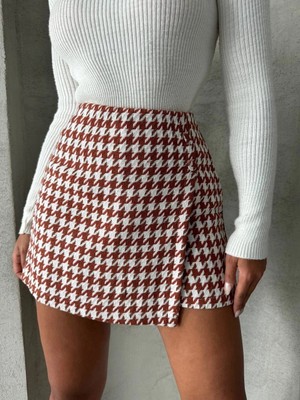 Ronanna Iki Düğmeli Kaz Ayağı Desen Ch Kumaş Şort Etek Bordobeyaz H26414