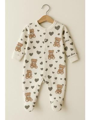 Tuem Baby TUEMBABY%100 Pamuk Ayıcık-Kalp Baskılı Patikli   Unisex Bebek Tulum