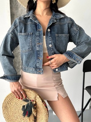 Ronanna Çift Cepli Kol Katlamalı Kar Yıkama Crop Kot Ceket Kahve Tint D2000
