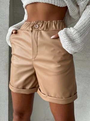 Ronanna Beli Lastikli Duble Paça Deri Şort Bej W24755