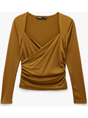 Koton Uzun Kollu Slim Fit Kruvaze V Yaka Saten Bluz