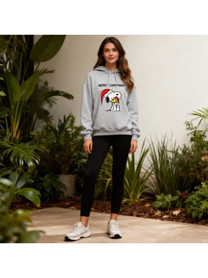 Hena Snoopy Christmas Cozy Sweatshirt Gri Kapüşonlu Özel Tasarım Pamuklu