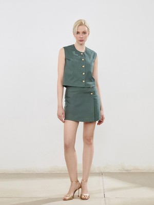 Soulife Bisiklet Yaka Keten Görünümlü Kadın Klasik Yelek