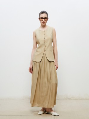 Beli Lastikli Keten Görünümlü Pileli Etek