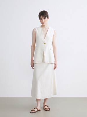 Beli Kemerli A Kesim Keten Karışımlı Etek