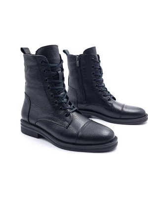 Sovenso SV515 Hakiki Deri Oxford Tarz Kadın Siyah Postal Bot