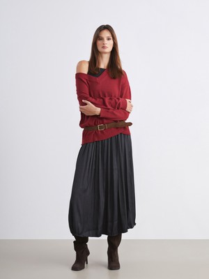 Beli Lastikli Saten Pileli Etek