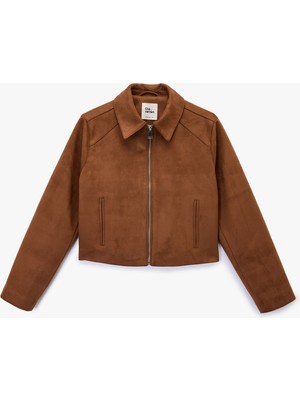 Koton Fermuar Detaylı Uzun Kollu Klasik Yaka Cepli Suni Süet Ceket