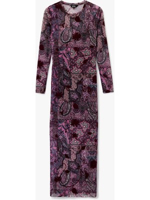 Koton Slim Fit Uzun Kollu Bisiklet Yaka Midi Boy Floral Desenli Kalem Elbise