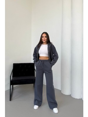 Mezka Kadın Çift Fermuar Detaylı Kapüşonlu Kışlık Şardonlu Oversize Eşofman Takımı