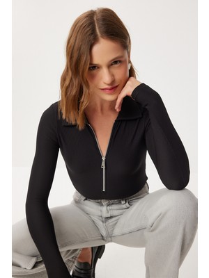 Happiness İstanbul Polo Yaka Fermuarlı Fitilli Örme Bluz LBY0019 Siyah