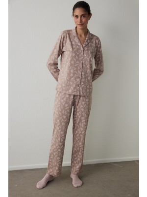 Penti Bej Flower Time Gömlek Yaka Pamuklu Uzun Kollu Pijama Takımı